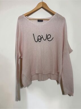 Wooden Ships Paola Buendia Mohair Wool Pink "Love" Cursive Knit Sweater M/L